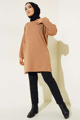 Parlak Taşlı İnce Fitilli Tunik Camel - Thumbnail
