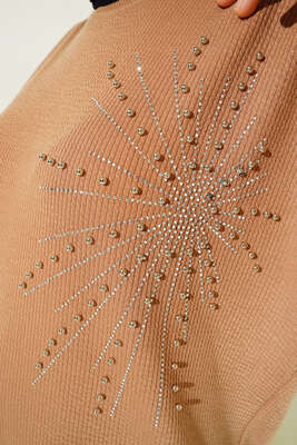 Parlak Taşlı İnce Fitilli Tunik Camel - Thumbnail