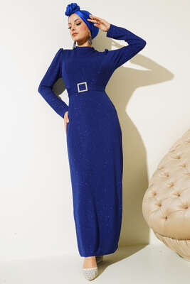 Simli Kuşaklı Abiye Elbise Saks - Thumbnail