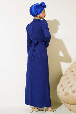 Simli Kuşaklı Abiye Elbise Saks - Thumbnail