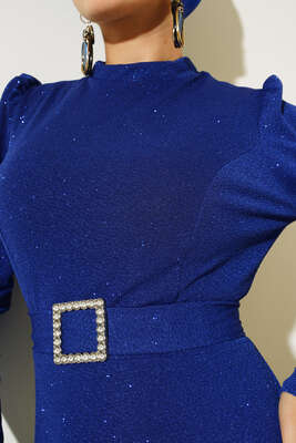 Simli Kuşaklı Abiye Elbise Saks - Thumbnail