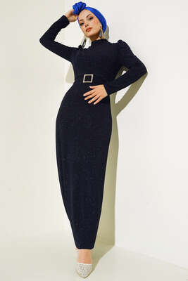 Simli Kuşaklı Abiye Elbise Lacivert - Thumbnail