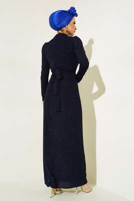 Simli Kuşaklı Abiye Elbise Lacivert - Thumbnail