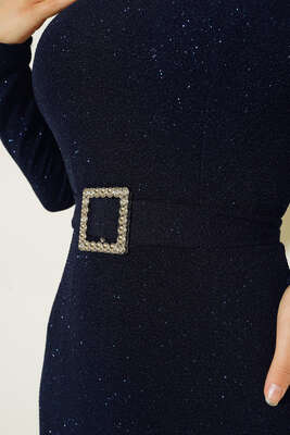 Simli Kuşaklı Abiye Elbise Lacivert - Thumbnail