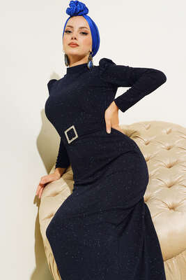 Simli Kuşaklı Abiye Elbise Lacivert - Thumbnail