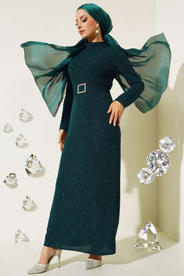 Simli Kuşaklı Abiye Elbise Zümrüt Yeşil - Thumbnail