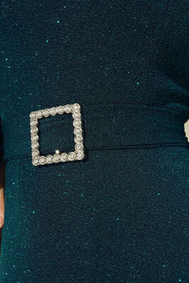 Simli Kuşaklı Abiye Elbise Zümrüt Yeşil - Thumbnail