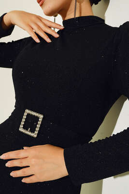 Simli Kuşaklı Abiye Elbise Siyah - Thumbnail