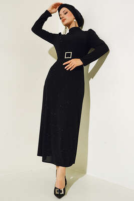 Simli Kuşaklı Abiye Elbise Siyah - Thumbnail