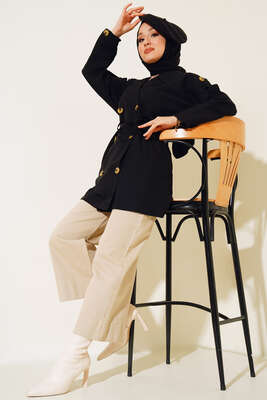 Üç Düğmeli Kısa Trençkot Siyah - Thumbnail