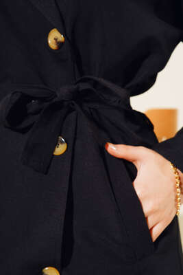 Üç Düğmeli Kısa Trençkot Siyah - Thumbnail