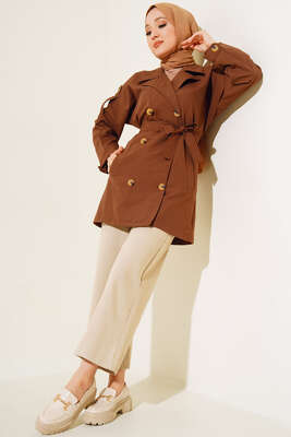Üç Düğmeli Kısa Trençkot Kahve - Thumbnail