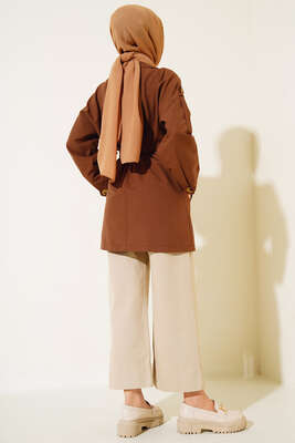 Üç Düğmeli Kısa Trençkot Kahve - Thumbnail