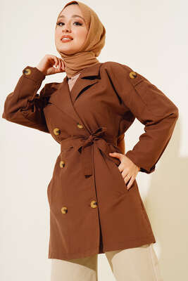 Üç Düğmeli Kısa Trençkot Kahve - Thumbnail