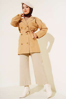 Üç Düğmeli Kısa Trençkot Camel - Thumbnail