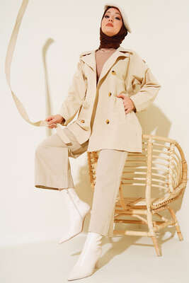 Üç Düğmeli Kısa Trençkot Bej - Thumbnail