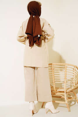 Üç Düğmeli Kısa Trençkot Bej - Thumbnail