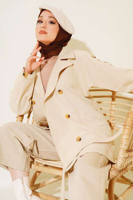 Üç Düğmeli Kısa Trençkot Bej - Thumbnail