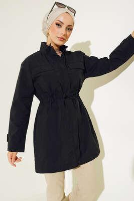 Göğüs Cepli Dik Yaka Yağmurluk Siyah - Thumbnail