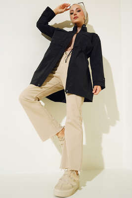 Göğüs Cepli Dik Yaka Yağmurluk Siyah - Thumbnail