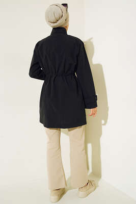 Göğüs Cepli Dik Yaka Yağmurluk Siyah - Thumbnail