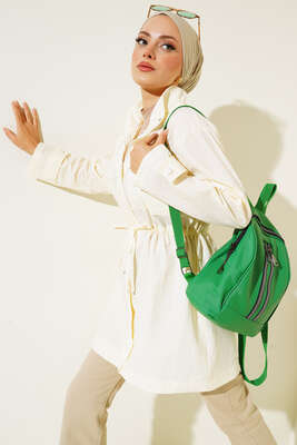 Göğüs Cepli Dik Yaka Yağmurluk Krem - Thumbnail