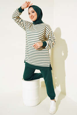 Pazarium - Yatay Şeritli İki İplik Takım Zümrüt Yeşil