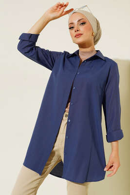 Pazarium - Klasik Yakalı Oval Kesim Lacvert Gömlek