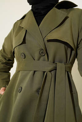 Kuşaklı Çift Cepli Uzun Trençkot Haki - Thumbnail