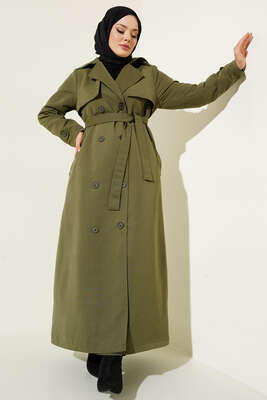 Kuşaklı Çift Cepli Uzun Trençkot Haki - Thumbnail