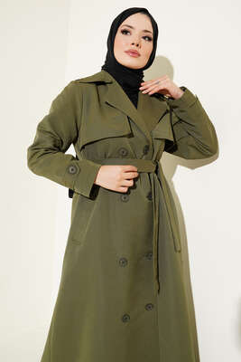 Kuşaklı Çift Cepli Uzun Trençkot Haki - Thumbnail