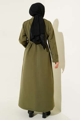 Kuşaklı Çift Cepli Uzun Trençkot Haki - Thumbnail