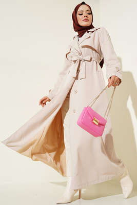 Kuşaklı Çift Cepli Uzun Trençkot Taş - Thumbnail