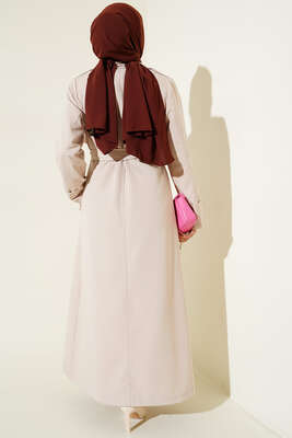 Kuşaklı Çift Cepli Uzun Trençkot Taş - Thumbnail