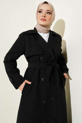 Kuşaklı Çift Cepli Uzun Trençkot Siyah - Thumbnail