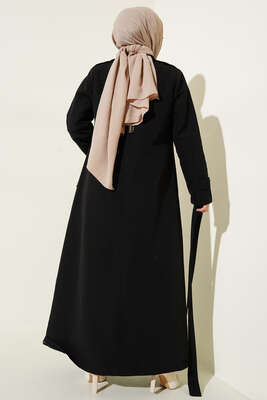 Kuşaklı Çift Cepli Uzun Trençkot Siyah - Thumbnail