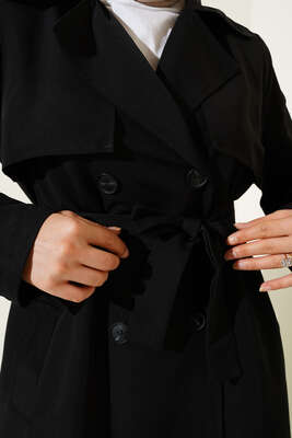 Kuşaklı Çift Cepli Uzun Trençkot Siyah - Thumbnail