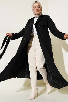 Kuşaklı Çift Cepli Uzun Trençkot Siyah - Thumbnail