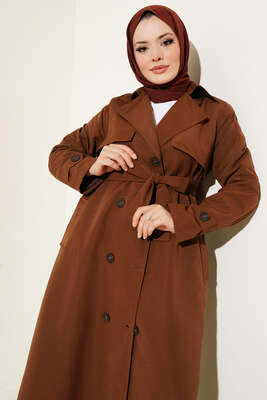 Kuşaklı Çift Cepli Uzun Trençkot Kahve - Thumbnail