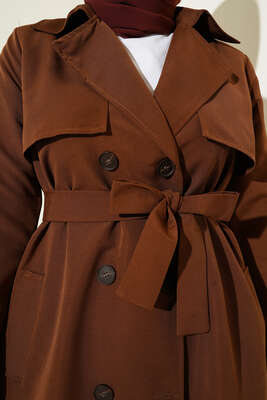 Kuşaklı Çift Cepli Uzun Trençkot Kahve - Thumbnail