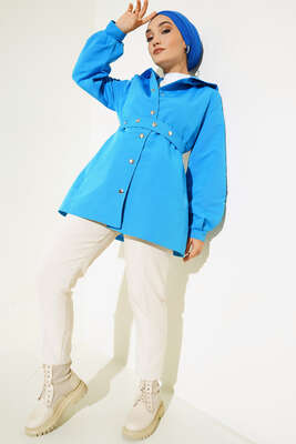 Kapşonlu Çıt Çıt Kısa Trenç Mavi - Thumbnail