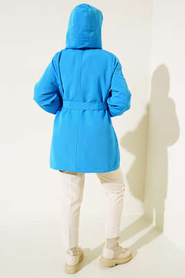 Kapşonlu Çıt Çıt Kısa Trenç Mavi - Thumbnail