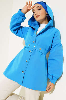 Kapşonlu Çıt Çıt Kısa Trenç Mavi - Thumbnail