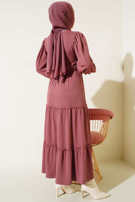 Beli Lastikli Fırfırlı Kat Kat Elbise Gül Kurusu - Thumbnail