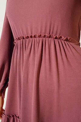 Beli Lastikli Fırfırlı Kat Kat Elbise Gül Kurusu - Thumbnail