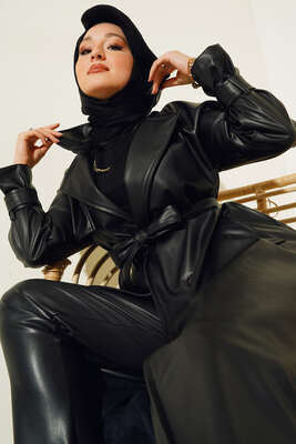 Pazarium - Düğmeli Kuşaklı Deri Trençkot Siyah