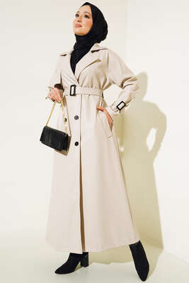 Pazarium - Düğmeli Kuşaklı Deri Trençkot Krem 