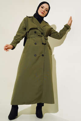 Pazarium - İçi Astarlı Kuşaklı Trençkot Haki