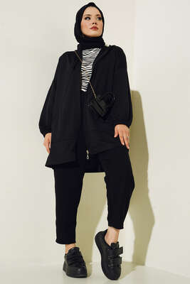 Cepli Fermuarlı Hırka Siyah - Thumbnail