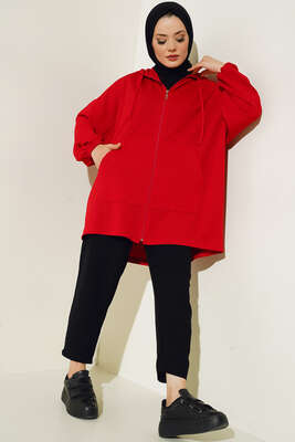 Cepli Fermuarlı Hırka Kırmızı - Thumbnail